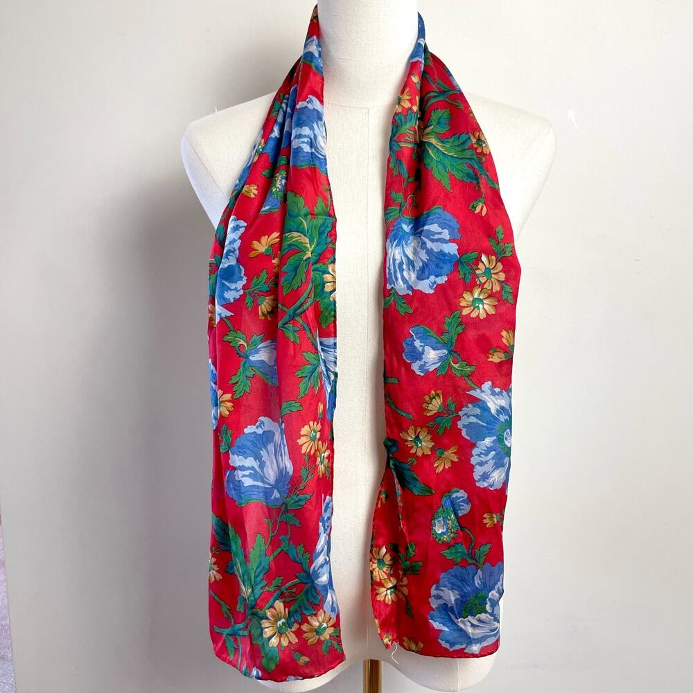Long Silk Scarf Rectangle Floral Red Blue Cottagecore Romantic Parisian‎